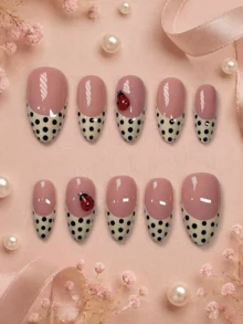 10pcs Medium Almond Press-On Nails, Nude Pink Base Cream Black Polka Dot French Tip With 3D Red Ladybug Charms Design, Delicate Glossy Acrylic Fake Nail Set, Suitable For Women Girls Daily Work, Spring Casual And Cute Holiday Party - Multicolor - View 8