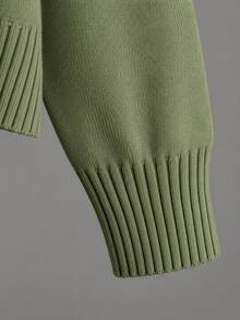 Muted Olive Green Solid Knit Loungewear Set Drop Shoulder Sweater Side Slit Wide Leg Pants Matching Outfit - Green - View 3
