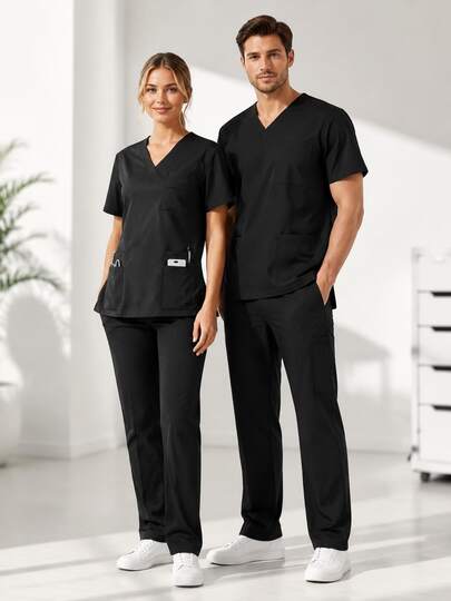 Women's Burgundy Scrubs Set V-Neck Top And Cargo Pants 2 Piece Set Multi-Pocket Nursing Uniform For Dentist Vet Doctor