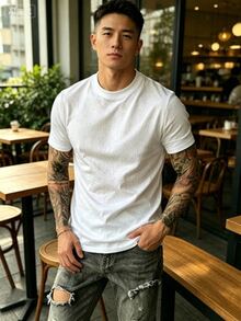 Men's Casual Versatile Solid Color High Neck Short Sleeve T-Shirt, Spring/Summer 100% Cotton Summer T-Shirt Gift For Men - 白色 - 查看 5