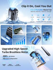 USB充電半導體冰冷夾式風扇，便攜式手持/桌面風扇，戶外強風腰夾迷你風扇，配備LED燈，7000mAh超長續航電池，適用於腰部或頸部夾式，適合夏季戶外、露營、旅行、海灘、運動、辦公室、學校、泳池派對 - 掛腰風扇 - 查看 7