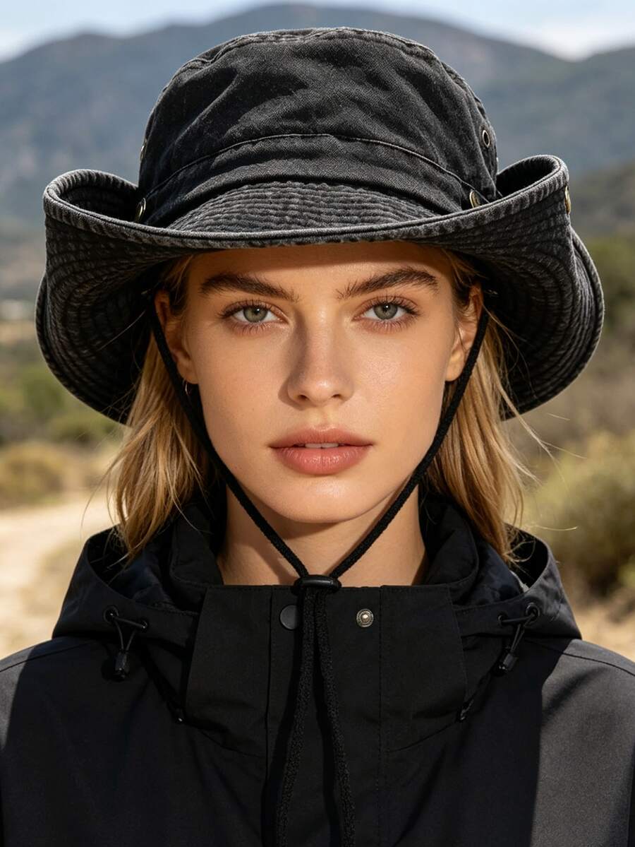 1pc Solid Color Wide Brim Bucket Hat, Outdoor Fishing Hiking Sun Protection, Casual Sports Sun Hat, Suitable For Spring Summer Travel Beach - QM-danCeng - View 1