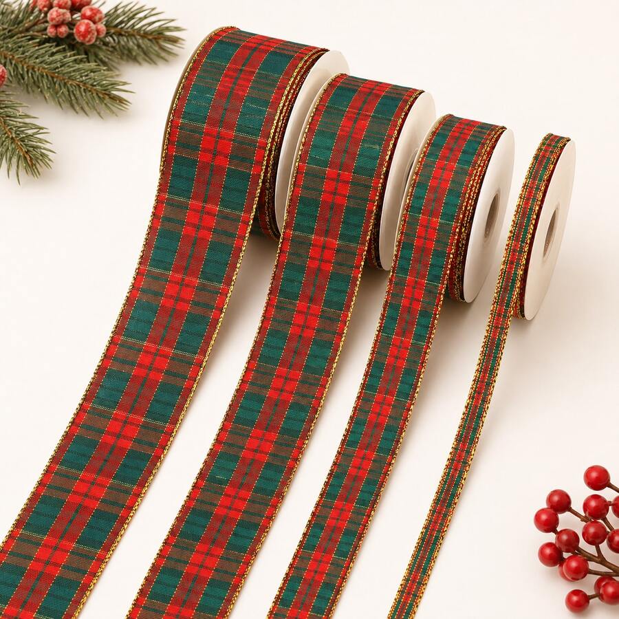 10 Yards Red And Green Plaid Ribbon With Luxurious Gold Edge Pattern, Suitable For Gift Wrapping, Holiday Celebrations, Making Bows, Wreaths And Other DIY Crafts - Gingham Ribbon - View 1