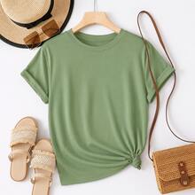 Women's Cotton T-Shirt, "Travel Is My Relax" Letter,Airplane & Heart Print,Loose Round Neck Short Sleeve Tee,Breathable For Summer Daily Wear - 橄欖綠 - 查看 2
