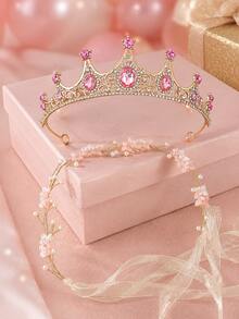 2/1pc Pink Rhinestone Tiara & Butterfly Pearl Ribbon Headpiece, Women Princess Hair Accessories For Birthday Party Prom Bridal Shower - Multicolor - View 9