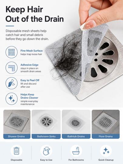 1/10/30/50/100pcs Bathroom Bathtub Hair Catcher Drain Filter - Easy To Use, Drain Filter Sticker, Disposable Drain Cover, Suitable For Shower, Sink And Laundry Room, Easy To Stick, Hair Catcher Drain Cover, Disposable Drain Filter