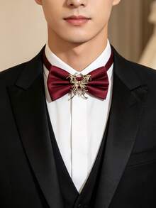 1PC Men's Luxury Gold Hollow Bow Tie, Burgundy Satin Lapel Flower, Groom Wedding Suit Accessory - Multicolor - View 2