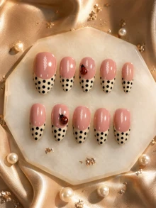 10pcs Medium Almond Press-On Nails, Nude Pink Base Cream Black Polka Dot French Tip With 3D Red Ladybug Charms Design, Delicate Glossy Acrylic Fake Nail Set, Suitable For Women Girls Daily Work, Spring Casual And Cute Holiday Party - Multicolor - View 2