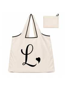 Sac cabas blanc à la mode avec initiale artistique A-Z noire, design avec bordure noire, matériau en taffetas enduit de polyester, sac de courses pliable et portable, sac cabas grande capacité pour femmes avec design facile à plier, convient pour un usage quotidien, les voyages, les vacances, l'école, la rentrée scolaire, le travail et les courses, chariot multifonctionnel, poignée robuste, cadeau pour la fête des enseignants, saison de la rentrée scolaire, fête de l'indépendance, voyage de vacances - Multicolore - Voir 27