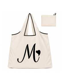 Sac cabas blanc à la mode avec initiale artistique A-Z noire, design avec bordure noire, matériau en taffetas enduit de polyester, sac de courses pliable et portable, sac cabas grande capacité pour femmes avec design facile à plier, convient pour un usage quotidien, les voyages, les vacances, l'école, la rentrée scolaire, le travail et les courses, chariot multifonctionnel, poignée robuste, cadeau pour la fête des enseignants, saison de la rentrée scolaire, fête de l'indépendance, voyage de vacances - Multicolore - Voir 20