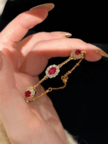 rundraw 1pc Women's Gold-Tone Copper Delicate Bracelet With CZ Inlay, Suitable For Party, Ball, Wedding - Flowers - View 10