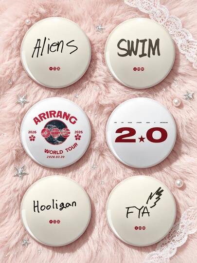 1個/6個 4.4cm ARIRANG World Tour「Aliens」 「SWIM」 「Hooligan」安全針徽章，復古字體與巡演Logo鈕扣胸針，衣物、包包、背包裝飾配件，粉絲收藏禮物