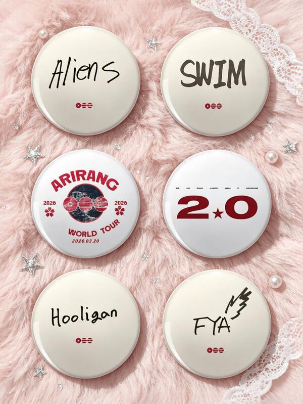 1個/6個 4.4cm ARIRANG World Tour「Aliens」 「SWIM」 「Hooligan」安全針徽章，復古字體與巡演Logo鈕扣胸針，衣物、包包、背包裝飾配件，粉絲收藏禮物