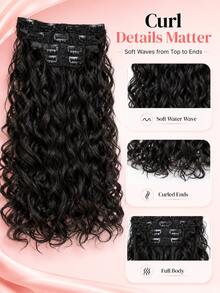 Black Soft Curly Clip In Hair Extensions Natural Blend Soft Touch Easy Wear Synthetic Hair Pieces Daily Fashion Hair Accessory Soft Waves,Natural Blend - Natural & Black - View 10