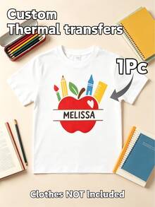 1/5/10pcs Customized Back To School DTF Heat Transfer Stickers, Cute Apple Pencil Crayon Ruler Print Iron-On Patches, Customizable Name, Durable Washable Reusable Heat Transfer Decals, DIY Decoration For Children's Clothing Bags, Kids Handmade Craft Gift - Multicolor - View 14