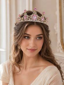 2/1pc Pink Rhinestone Tiara & Butterfly Pearl Ribbon Headpiece, Women Princess Hair Accessories For Birthday Party Prom Bridal Shower - Multicolor - View 5