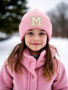 1PC Children's Knitted Hat With 26 Letters Pattern, Solid Color Knitted Caps, Children Hats For Girls, Warm Beanies For Outdoor, Autumn/Winter - Pink - View 3