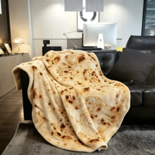 1pc Flannel Blanket With Baked Pancake, Taco, Pizza, Burger, Donut Pattern Print, Novel Soft And Comfortable Flannel Blanket For Nap, Office, School, Home, Picnic, Travel, Gift - Apricot - View 2