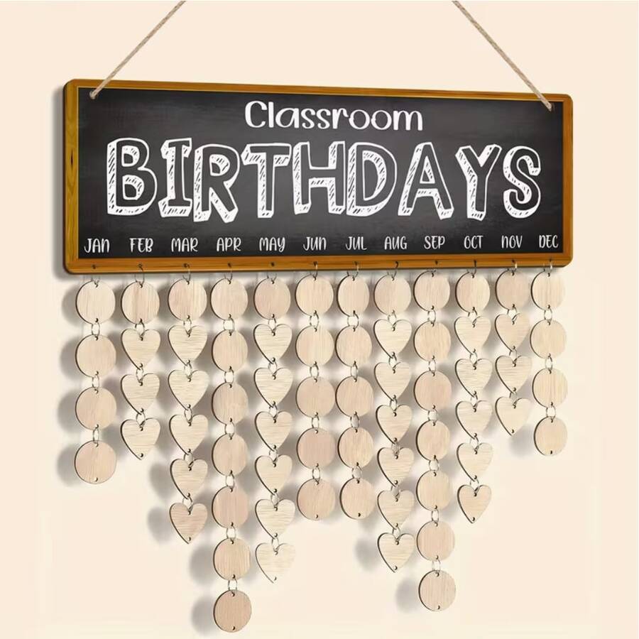 1 Set Wooden Birthday Reminder Calendar Board, Multi-Function Party Gift Set, Cute Back To School Classroom Decor, Birthday Tracking Board With Heart/Round Labels, Wall Hanging Birthday Calendar - Multicolor - View 1