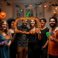 Halloween Photo Booth Props Set With Pumpkin Frame - Spooky Masks, Glasses & Signs For Halloween Party Decorations - Multicolor - View 2