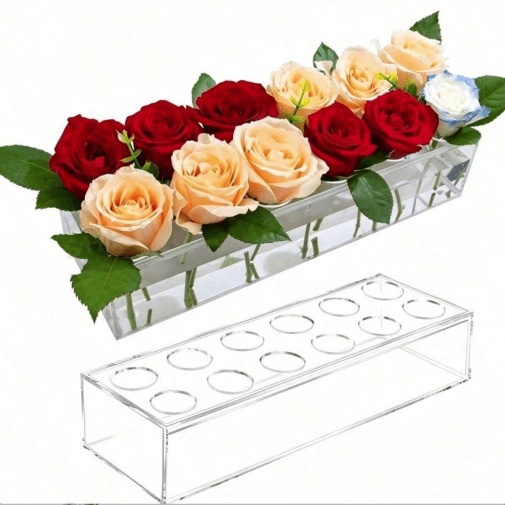 Caja de jarrón rectangular de acrílico transparente, bandeja de centro de mesa moderna para comedor, adecuada para bodas, banquetes, decoración del hogar, estilo granja, oficina, eventos, contenedor cristalino transparente, adecuado para flores frescas, flores artificiales, flores secas (flores no incluidas)