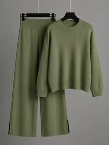 Muted Olive Green Solid Knit Loungewear Set Drop Shoulder Sweater Side Slit Wide Leg Pants Matching Outfit - Green - View 1
