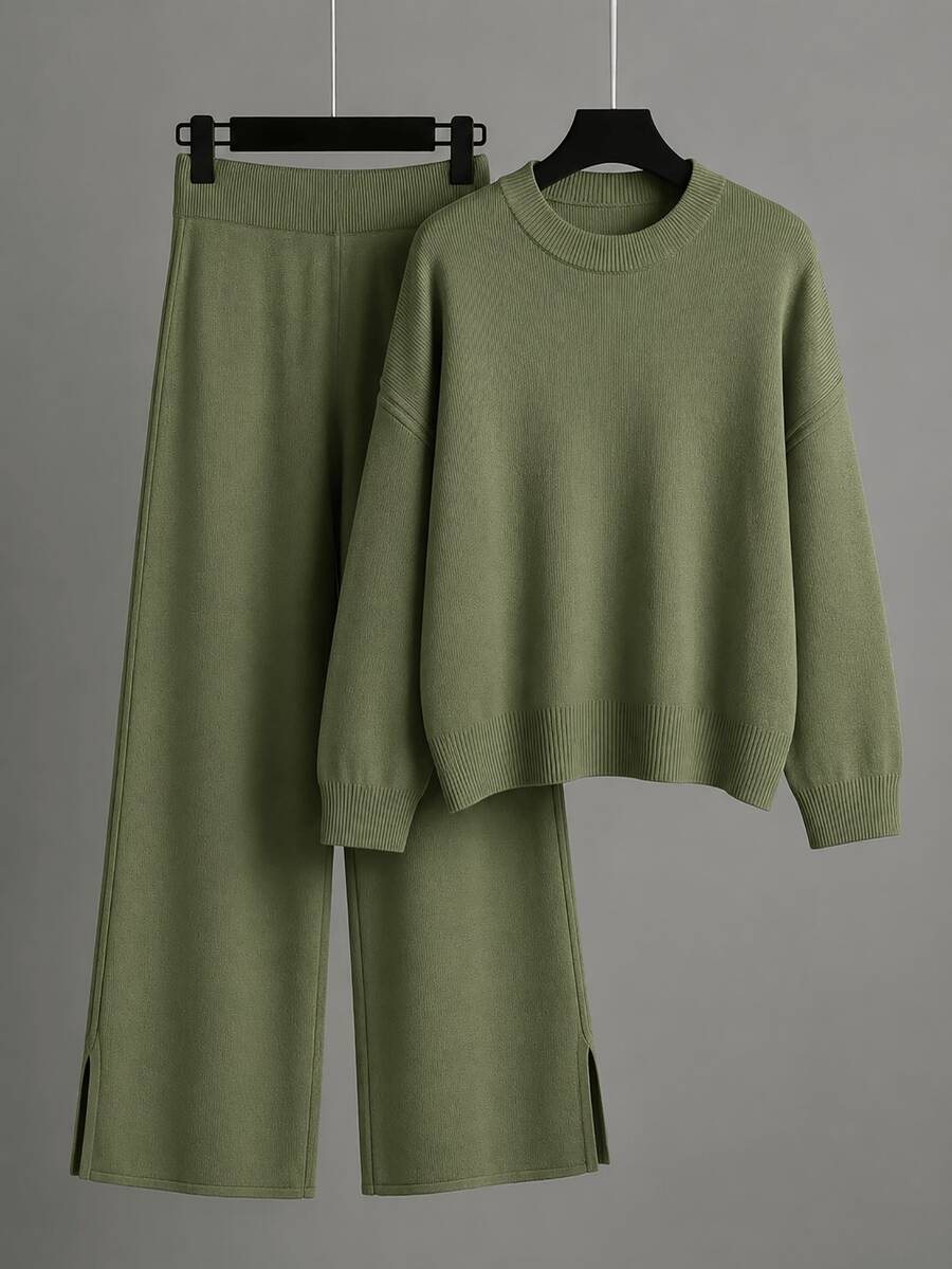 Muted Olive Green Solid Knit Loungewear Set Drop Shoulder Sweater Side Slit Wide Leg Pants Matching Outfit - Green - View 1