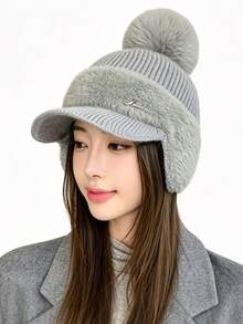 Berretto invernale in maglia con fodera in peluche da donna, adatto per sport all'aperto e abbigliamento casual, stile versatile - Berretto di lana con paraorecchie - Visualizzare 3