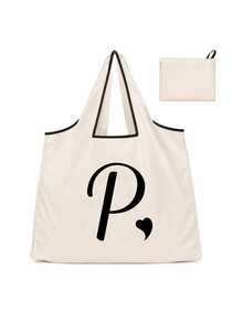 Sac cabas blanc à la mode avec initiale artistique A-Z noire, design avec bordure noire, matériau en taffetas enduit de polyester, sac de courses pliable et portable, sac cabas grande capacité pour femmes avec design facile à plier, convient pour un usage quotidien, les voyages, les vacances, l'école, la rentrée scolaire, le travail et les courses, chariot multifonctionnel, poignée robuste, cadeau pour la fête des enseignants, saison de la rentrée scolaire, fête de l'indépendance, voyage de vacances - Multicolore - Voir 16