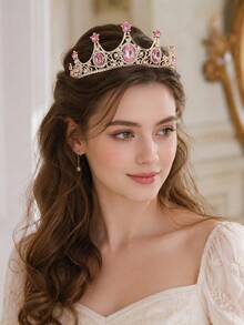 2/1pc Pink Rhinestone Tiara & Butterfly Pearl Ribbon Headpiece, Women Princess Hair Accessories For Birthday Party Prom Bridal Shower - Multicolor - View 3