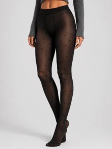 200g Fleece Lined Fake Translucent Tights, Mini Bowknot Patterned Thermal Warm Black Pantyhose, 1 Pair - Black - View 3