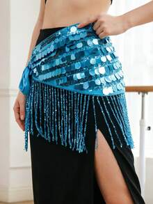 Shimmer Coin Tassel Belly Dance Hip Scarf With Dangling Charms For Festival Rave, Cosplay Costume, Dance Training And Performance - Multicolor - View 14
