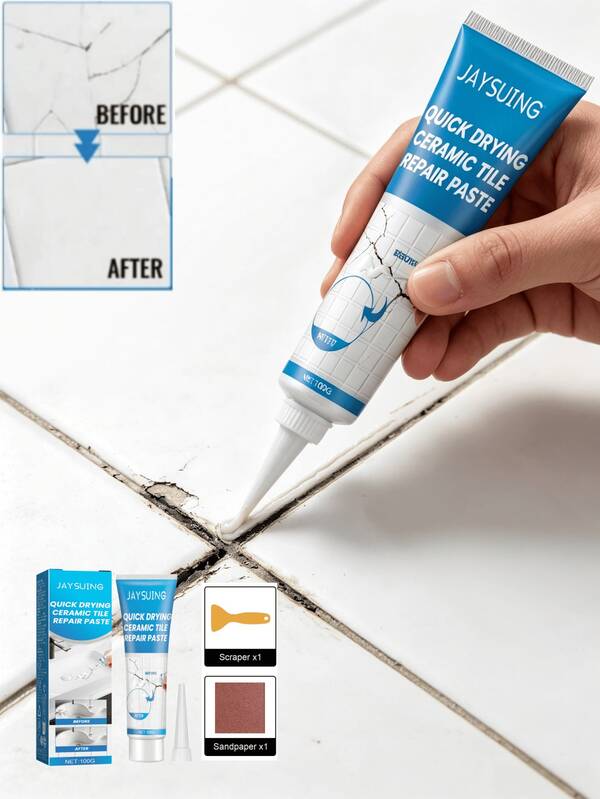 Pasta de reparación de azulejos de cerámica de secado rápido, pegamento de reparación de piso de azulejos y baño para el hogar, adecuado para mármol, lavabo, bañera, artículos sanitarios de cerámica, muebles de madera, diversos daños, grietas, agujeros, reparación de astillas, viene con raspador y papel de lija a juego, fácil de aplicar, se rellena suavemente y se endurece después del secado, resistente al desgaste, impermeable, a prueba de humedad, no se amarillea, adhesión estable en ambientes húmedos de baño y cocina, cubre bultos y arañazos para restaurar la apariencia original de la cerámica, repara grietas finas y daños a gran escala