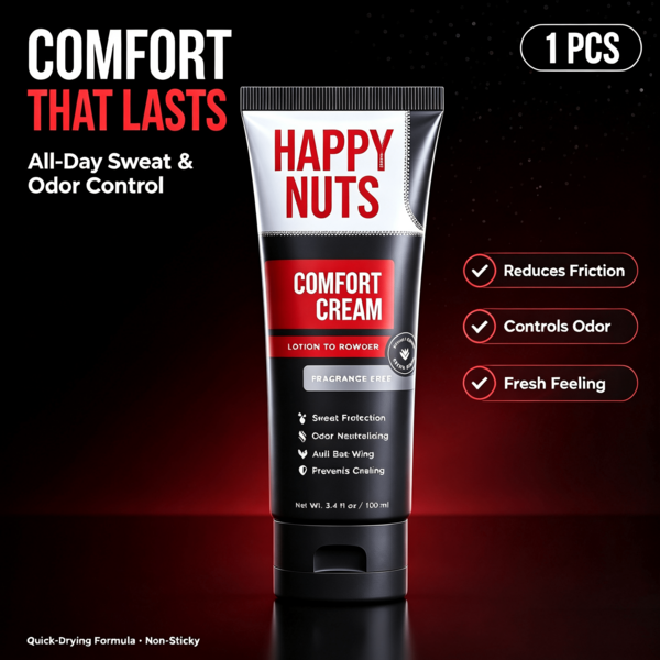 1-5pcs Happy Nuts Men's Comfort Anti-Chafing Cream 100ml, Lotion-To-Powder Sandalwood Zest Deodorant, 24H Sweat & Odor Protection, Soothing Aloe Coconut Formula, Quick Dry Anti-Bat-Wing Private Area Care For Men