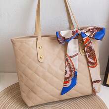 1 pieza Bolso tote acolchado con bordado de diamantes y decoración de bufanda, gran capacidad, ligero, versátil para ir al trabajo - Caqui - Ver 3
