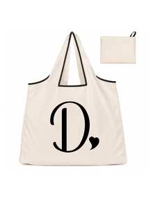 Sac cabas blanc à la mode avec initiale artistique A-Z noire, design avec bordure noire, matériau en taffetas enduit de polyester, sac de courses pliable et portable, sac cabas grande capacité pour femmes avec design facile à plier, convient pour un usage quotidien, les voyages, les vacances, l'école, la rentrée scolaire, le travail et les courses, chariot multifonctionnel, poignée robuste, cadeau pour la fête des enseignants, saison de la rentrée scolaire, fête de l'indépendance, voyage de vacances - Multicolore - Voir 30