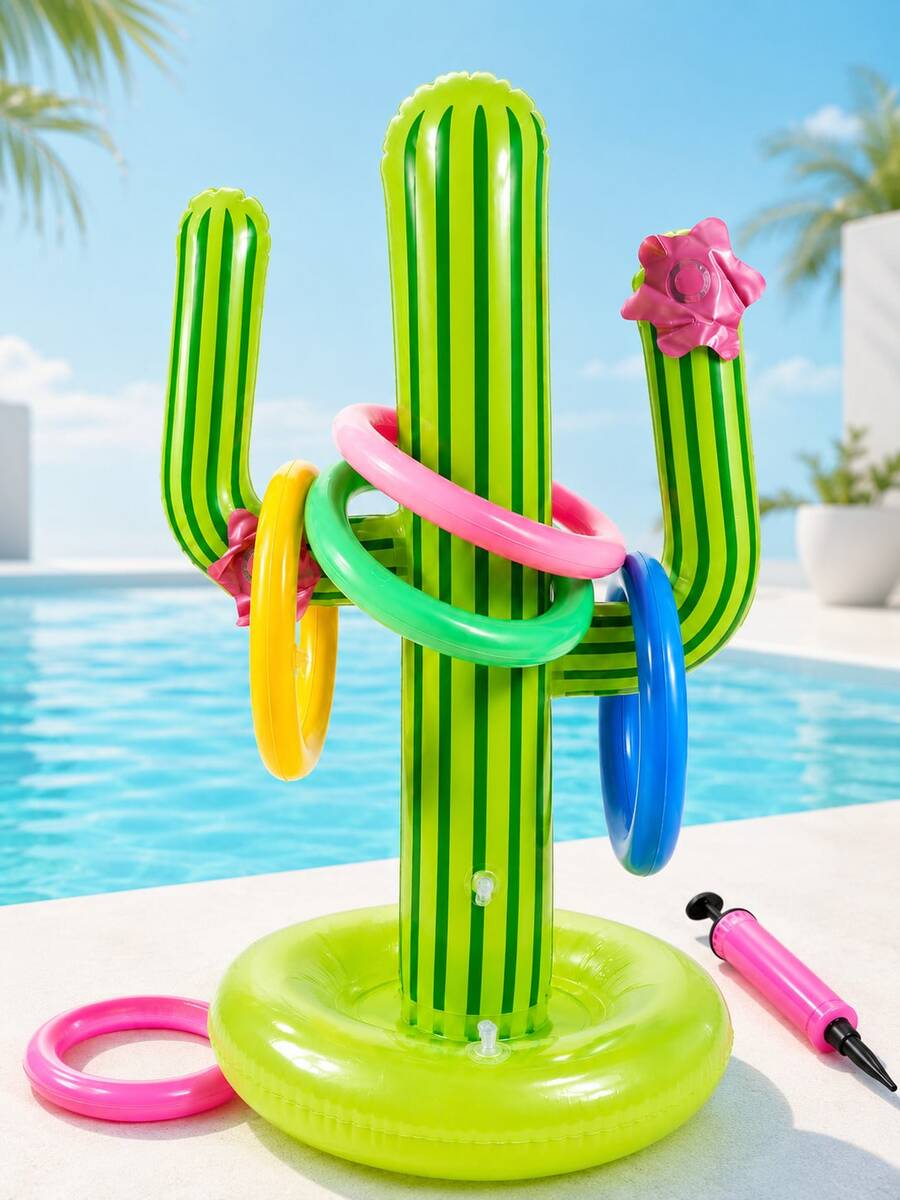 1 Set Green Inflatable Cactus Ring Toss Game, Includes 4 Colorful Rings And Hand Pump, Summer Beach Pool Party Activity, Outdoor Lawn Water Party Supplies, Birthday Carnival Game Decoration, Family Gathering Backyard Garden Fun Prop Accessory - Inflatable Cactus Ring Toss - View 1