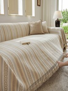 1pc Bohemian Style Striped Tassel Sofa Cover, Neutral Beige Woven Sofa Throw Blanket, Vintage Geometric Pattern Furniture Slipcover, Living Room Decor - Khaki - View 8