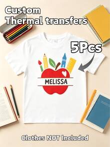 1/5/10pcs Customized Back To School DTF Heat Transfer Stickers, Cute Apple Pencil Crayon Ruler Print Iron-On Patches, Customizable Name, Durable Washable Reusable Heat Transfer Decals, DIY Decoration For Children's Clothing Bags, Kids Handmade Craft Gift - Multicolor - View 17