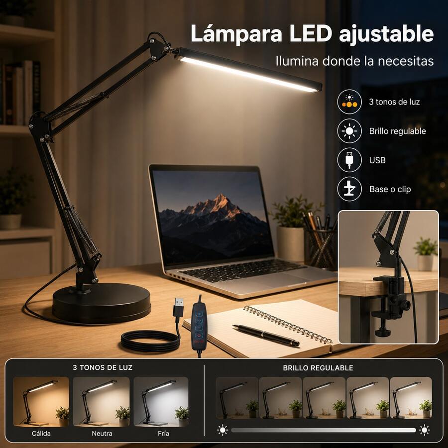 1pc LED Desk Lamp With Clip And Round Base, 3 Color Temperatures, Suitable For Study, Office, Reading, Bedside Table - LED930 - View 1