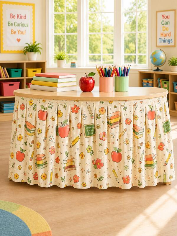 1PC-Cream Apple Book Table Skirt, Back To School Teacher Desk Cover, Classroom Table Skirt With Flower Pencil School Supplies Print, Welcome Back Decoration, School Party And Classroom Decor