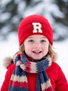 1PC Children's Knitted Hat With 26 Letters Pattern, Solid Color Knitted Caps, Children Hats For Girls, Warm Beanies For Outdoor, Autumn/Winter - Red - View 5