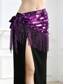 Shimmer Coin Tassel Belly Dance Hip Scarf With Dangling Charms For Festival Rave, Cosplay Costume, Dance Training And Performance - Multicolor - View 11