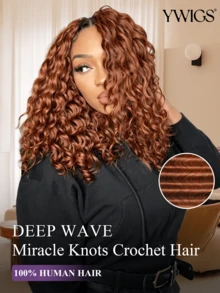Y WIGS شعر بشري كروشيه بموجات عميقة لعقد المعجزات بلون نحاسي، شعر كروشيه بشري ريشي مفصول مسبقًا لضفائر بوهيمية، 50 خصلة/55 جرام، 18 بوصة، غير مرئي، 100% شعر بكر طبيعي، إضافات شعر للعطلات والإجازات والهالوين والكريسماس والعودة إلى المدرسة والاستخدام اليومي - متعدد الألوان - مشاهدة 2