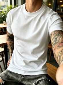 Men's Casual Versatile Solid Color High Neck Short Sleeve T-Shirt, Spring/Summer 100% Cotton Summer T-Shirt Gift For Men - 白色 - 查看 2