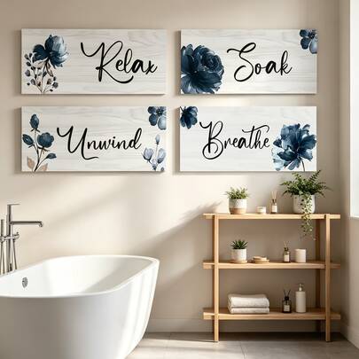 4-Piece Large Bathroom Wall Decor Set, Bathroom Canvas Prints, Frameless, Art Wall Decoration For Bathroom, Laundry Room, Restroom, Home Spa Bathroom Decor