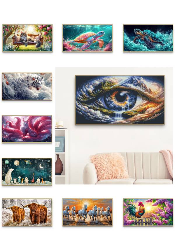Fox Cow Chicken Horse Turtle Cat Nature Animal Theme 5D DIY Round Full Drill Diamond Painting Frameless Set, 70x40cm/27.6x15.7in Large Size Diamond Art, Includes Tools & Diamonds Handmade Kit, For Home Wall Decor, Birthday, Mother's Day, Father's Day, Valentine's Day Gift