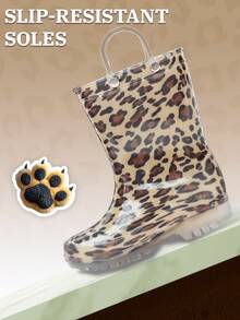 HSYAAMOO Children's Leopard Print Pull-On Mid-Calf Rain Boots, Transparent Non-Slip Sole Fashionable Waterproof Rubber Water Shoes, Suitable For Boys And Girls Outdoor - Brown - View 3