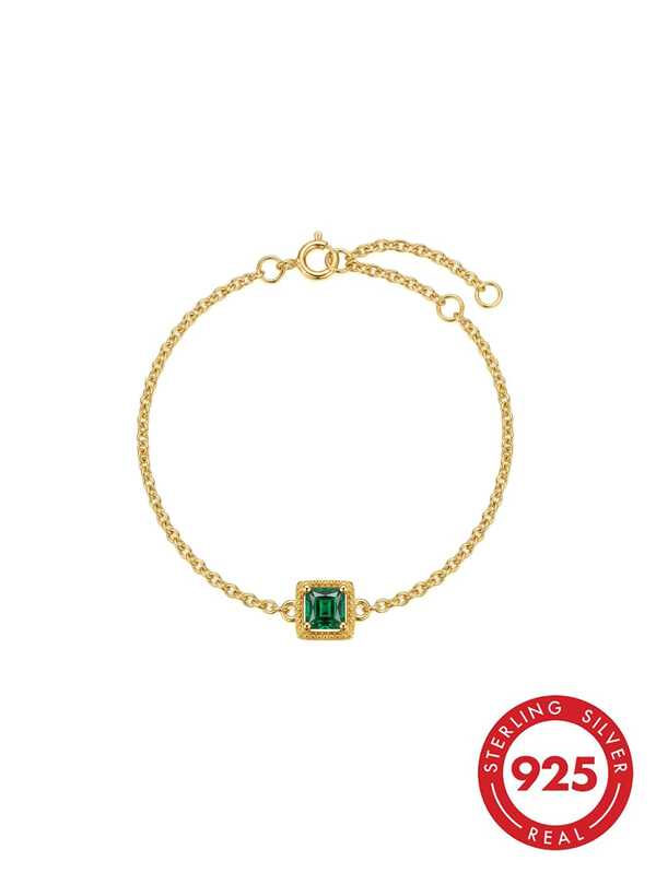 Minimalist Vintage Square Green CZ S925 Silver Thin Bracelet, Anti Allergy Fine Jewelry For Daily Office Party Wear