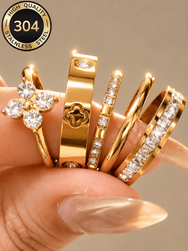 ZCNC Znice 304 Stainless Steel + Copper 18K Gold Plated Stackable Ring Set, Women's Style, Rhinestone Lucky Four-Leaf Clover, Luxury Sparkling Rhinestone, Ultra-Thin Plain Band And Shiny 9-Rhinestone Personalized Ring, Hypoallergenic Minimalist Jewelry, Perfect Mother's Day Gift, Summer Vacation Accessory